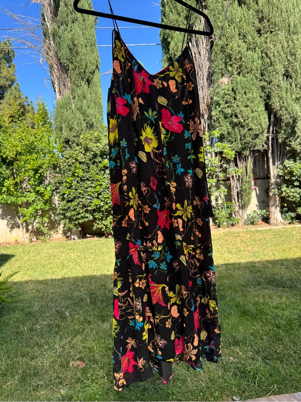 Black Floral Slip Dress with Bright Multicolor Blooms